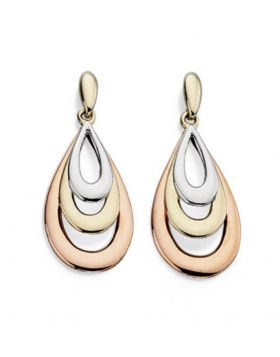 Elegant drop earrings in silver, gold, and rose gold with layered teardrop design.