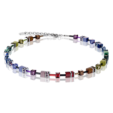 Colourful beaded necklace with square and cylindrical shapes in various shades.